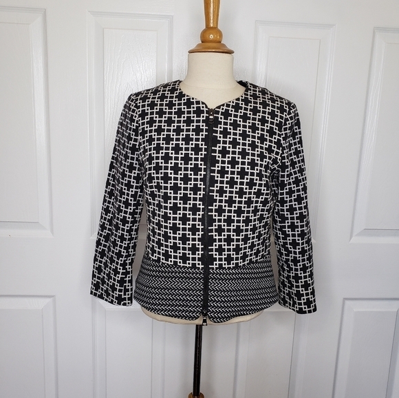 Saks Fifth Avenue Black Label Black White Geometric 2 Way Zip Jacket 4 - Picture 10 of 15
